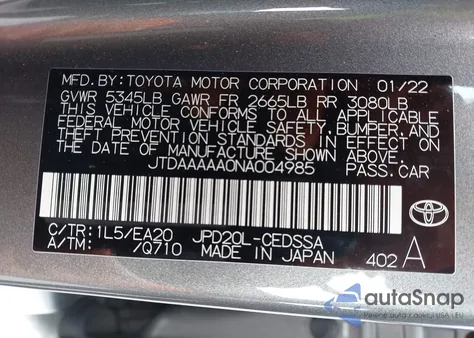 2022 Toyota Mirai Xle from USA, damaged, VIN JTDAAAAA0NA004985